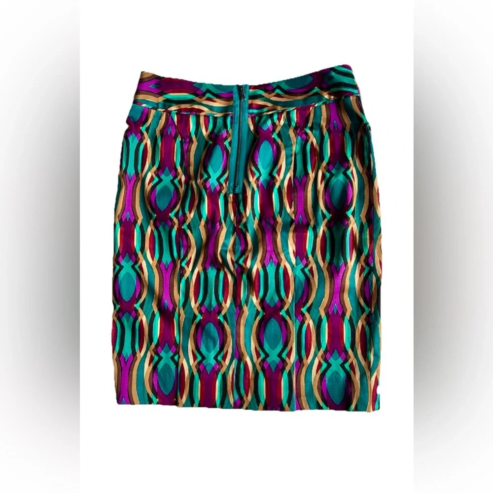 Etcetera NWT Zulu Geometric Teal Sateen Pencil Skirt Low Rise Pockets Sz 00(XXS)